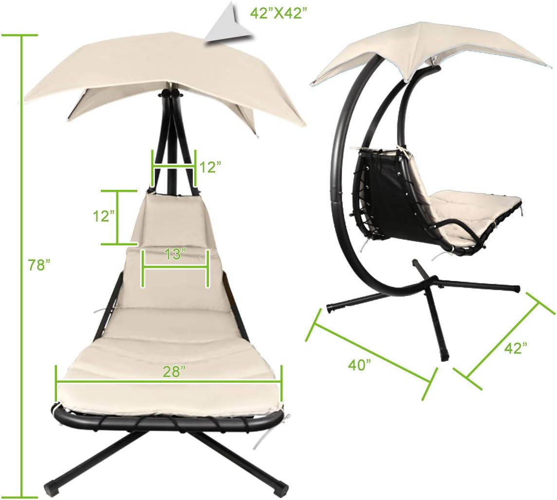 2X Patio Hanging Chaise Outdoor Lounger Padded Cushion Swing Hammock Chair w/Sun Shade Canopy Umbrella Stand [Beige]