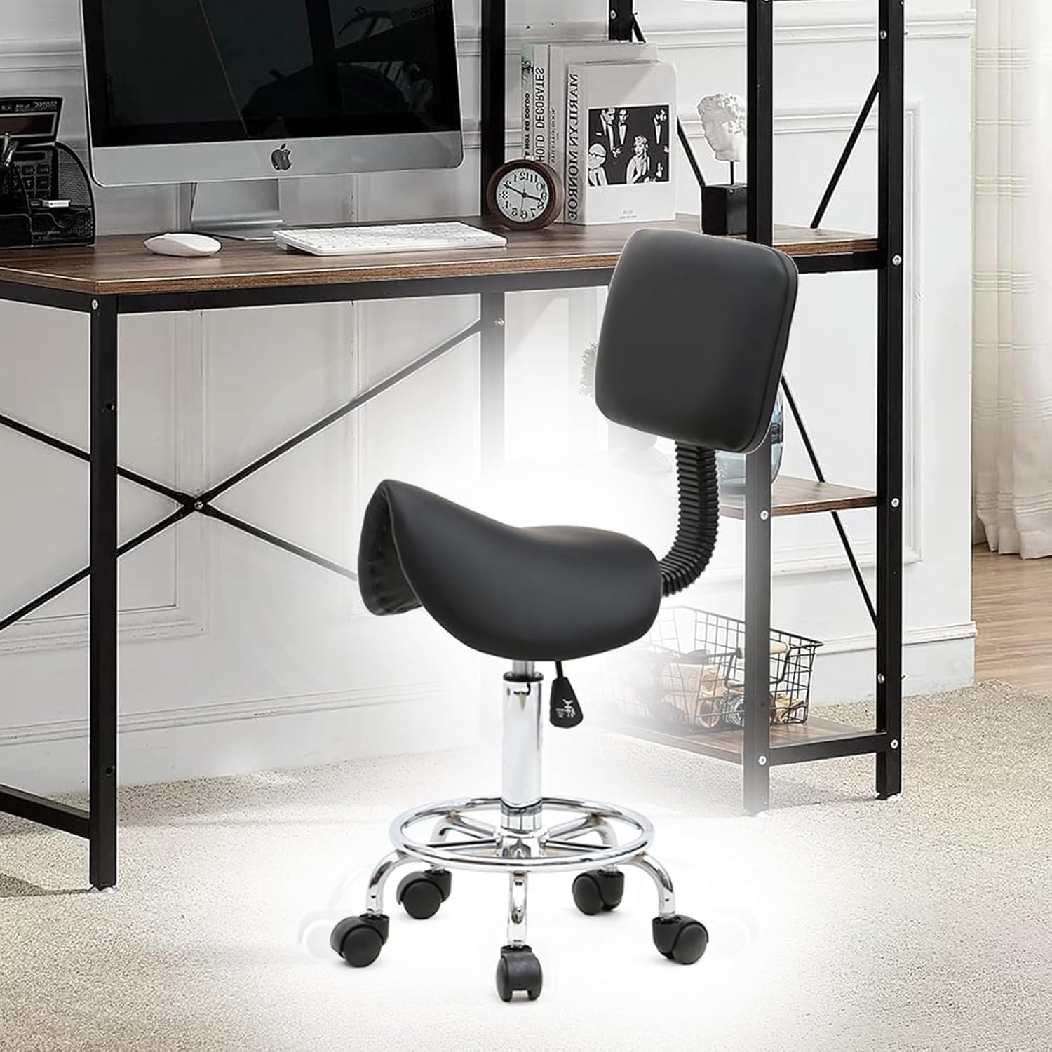 Saddle Stool with Foot Rest PU Leather Swivel Adjustable Rolling Stools with Back Support Facial for Esthetician Massage Clinic Kitchen Tattoo Salon Chair (Black)