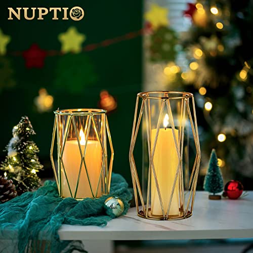 Nuptio Gold Pillar Candle Holder: Glass Hurricane Candles Holders with Geometric Metal Rack Stand for Wedding Birthday Party Centerpieces - Decorative Flower Vase for Office Living Room