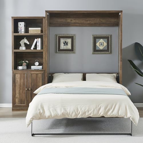 Queen Size Murphy Cabinet Bed with a Shelf, Solid Wood Mobile Murphy Chest Bed with Desk, Modern Platform Murphy Bed for Guest Room Home Office Small Room (White, 01)