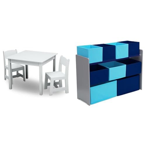 Delta Children MySize Kids Wood Table and Chair Set (2 Chairs Included) & Deluxe Multi-Bin Toy Organizer with Storage Bins - Greenguard Gold Certified, Grey/Blue Bins