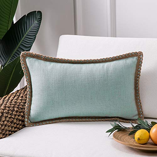 Phantoscope Farmhouse Solid Throw Decorative Pillow Cover Burlap Linen Trimmed Tailored Edges Outdoor Pillow Light Turquoise 18 x 18 inches, 45 x 45 cm
