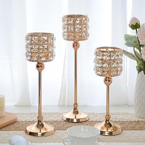 Set of 3 Gold Candle Holders for Wedding Decor, Crystal Candlestick Holders Centerpieces for Table, Elegant Tealight holder for Halloween/Christmas/Party/Wedding table decoration (gold)