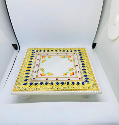 Marble Pooja Chowki Hand Made Pure White makrna Stone Embellished Kundans Chowki for Ganesh Pooja, laxmi Pooja