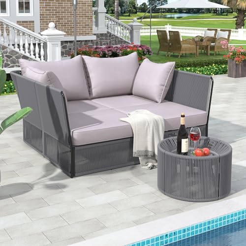 Furniture 4-Piece Outdoor Patio Conversation Seating for 5 Person and Coffee Table, Rattan Chair Wicker Sofa Bistro Sets for Porch, Backyard and Garden, Brown
