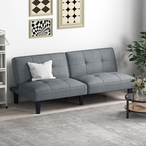 KOMFOTT Convertible Futon Sofa Bed, Upholstered Folding Linen Sleeper Couch with 6-Position Adjustable Backrest, Thick Cushion, Adjustable Recliner Couch Bed Loveseat for Living Room, Guest Room