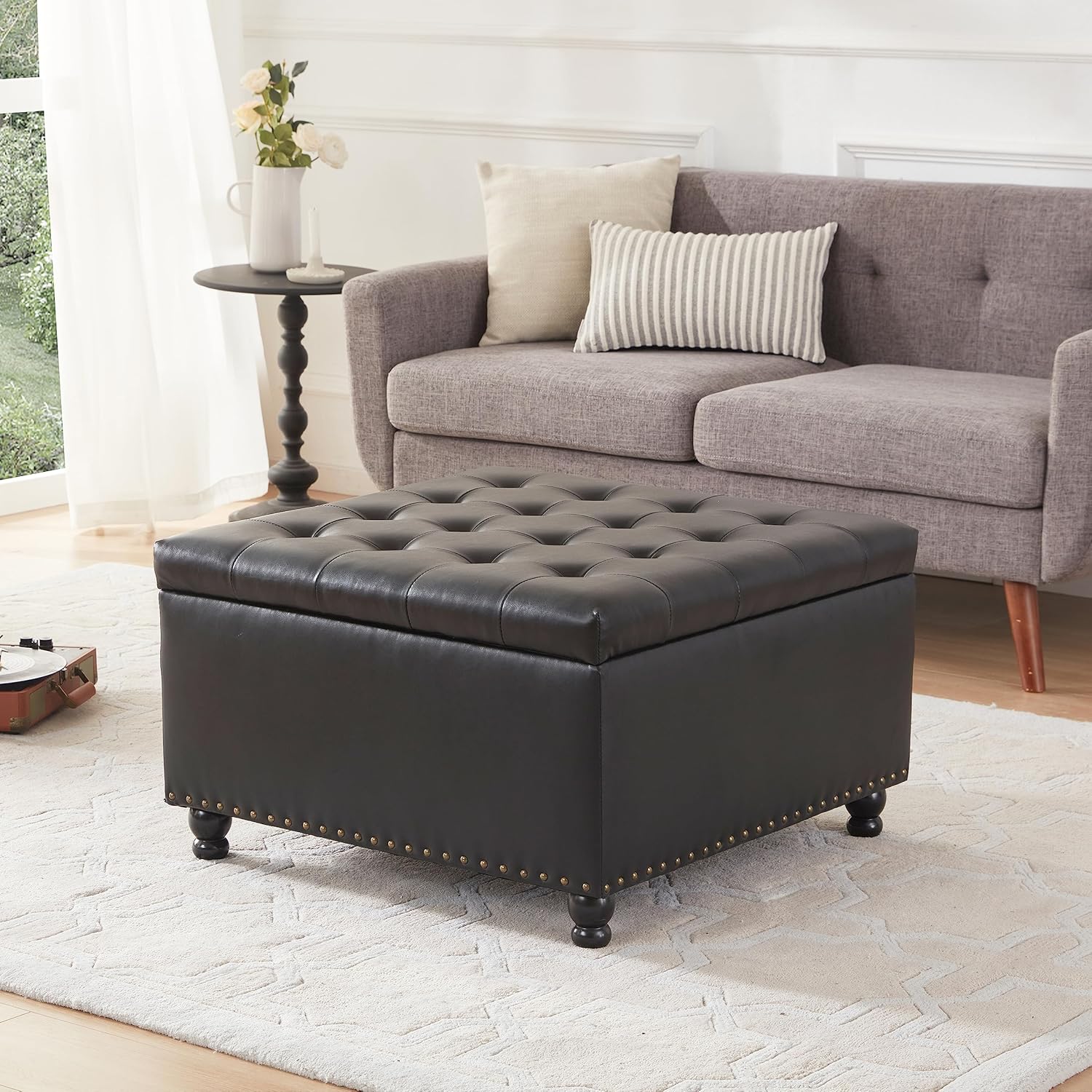Large Square Storage Ottoman Bench, Tufted Coffee Table Ottoman with Storage, Oversized Storage Ottomans Toy Box Footrest for Living Room, Black
