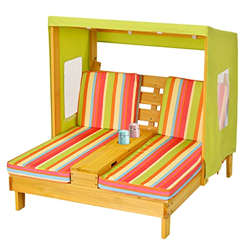 KOTEK Kids Lounge Chair Outdoor, Wood Double Chaise Lounge with Cup Holders, Removable Canopy & Stripped Fabric Cushions, Pool Kids Patio Furniture Cabana Lounger for Toddlers & Pets (Green+Orange)