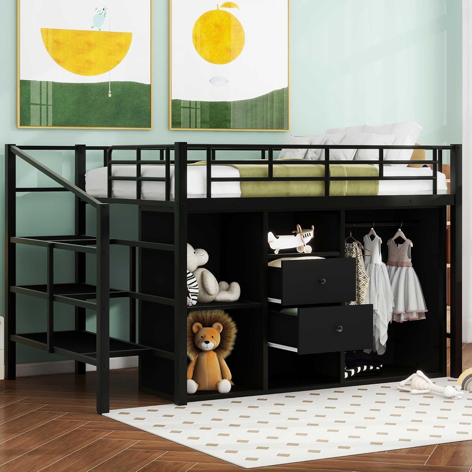 Bellemave Full Size Low Loft Bed with Stairs and Wardrobe, Metal Loft Bed Frame with Storage Drawers and Shelves for Kids Boys Girls Teens, Black