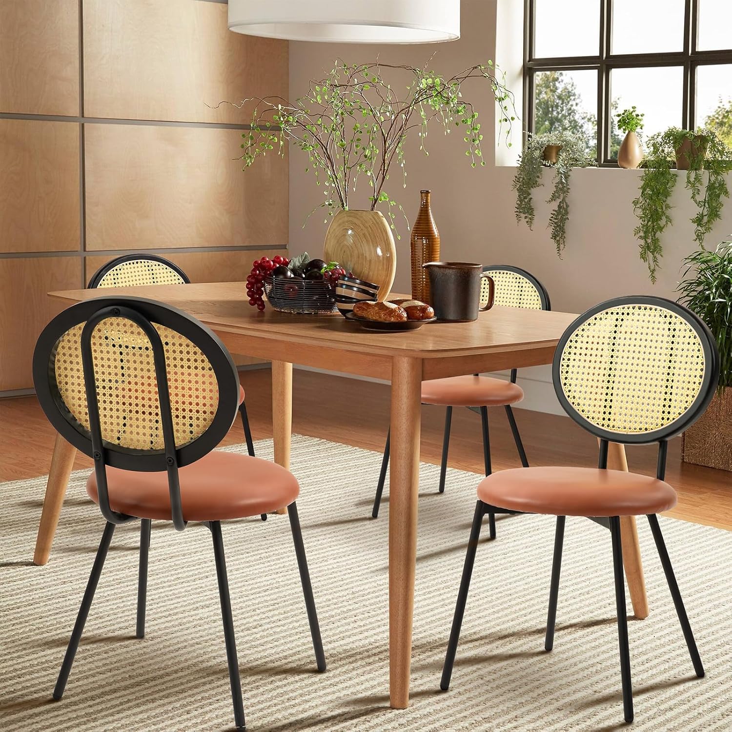Dining Chairs Set of 4, Mid Century Modern Dining Chairs with Rattan Backrest and PU-Leather Cushion Seat for Living Room, Bedroom, Patio, Restaurant, Café, Kitchen Chairs (Brown)