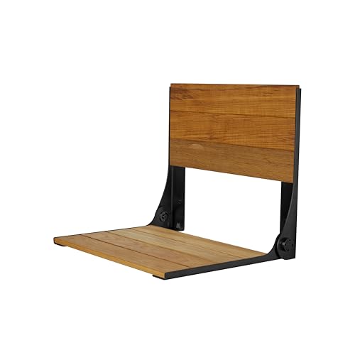 Seachrome 18 inch Cameo Folding Wall Mount Shower Bench Seat, Natural Teak Wood with Black Frame