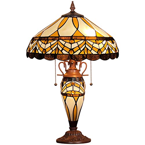 Capulina Tiffany Table Lamp Mother-Daughter Vase 3-Light, Amber Brown Mission Style Stained Glass 16X16X24 Inches Desk Reading Lamp for Living Room Bedroom Home Office