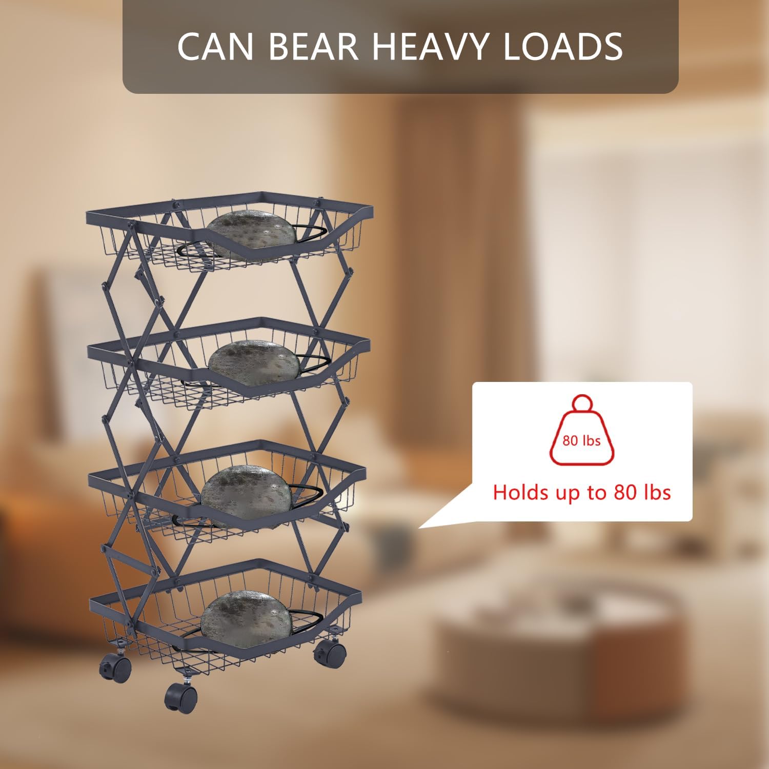 4 Tier Fruit Basket for Kitchen Stackable Metal Wire Fruit Vegetable Basket with Wheels Narrow Corner Rolling Utility Cart for Kitchen, Pantry, Bathrooms, Garage