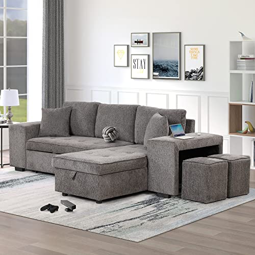 Modern Chenille Sectional Sofa Pull-out Sofa Bed Sleeper with 2 USB Ports, Upholstered U-shaped Convertible Sofa Couch with Storage Chaise Lounge and 4 Pillows for Living Rooms Offices (Grey-7.21)