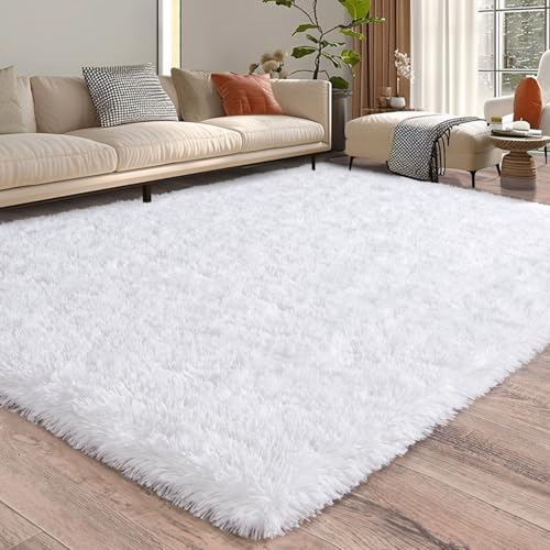 Fluffy Rugs for Bedroom Living Room, 4x6 Feet Indoor Modern Shaggy Area Rugs, Non-Slip Fuzzy Shag Floor Carpet for Dorm Nursery Kids Room Decor, Soft Plush Throw Rug, White
