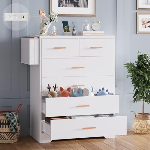 Black 6 Drawers Dresser for Bedroom, 41.3in Tall Dresser with Charging Station Wood Chest of Drawers for Living Room Hallway Closet (Black)