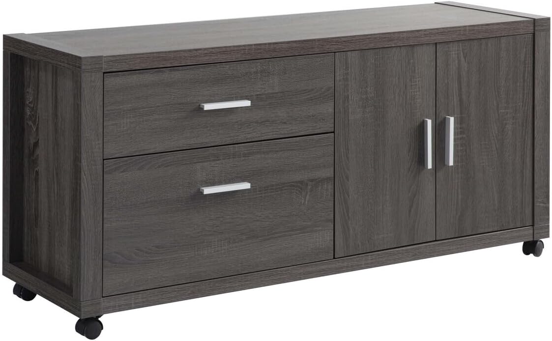 Modern Motifs Lou 51 Inch Modern Office Credenza File Cabinet, 2 Drawers, Wheels, Gray