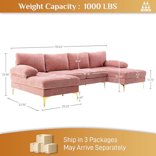 U Shaped Sectional Couch for Living Room, Convertible L Shaped Chenille Modular Sofa with Double Chaise Lounge, Modern Comfy Oversized 4 Seater Sleeper Sofa Furniture Set, Black