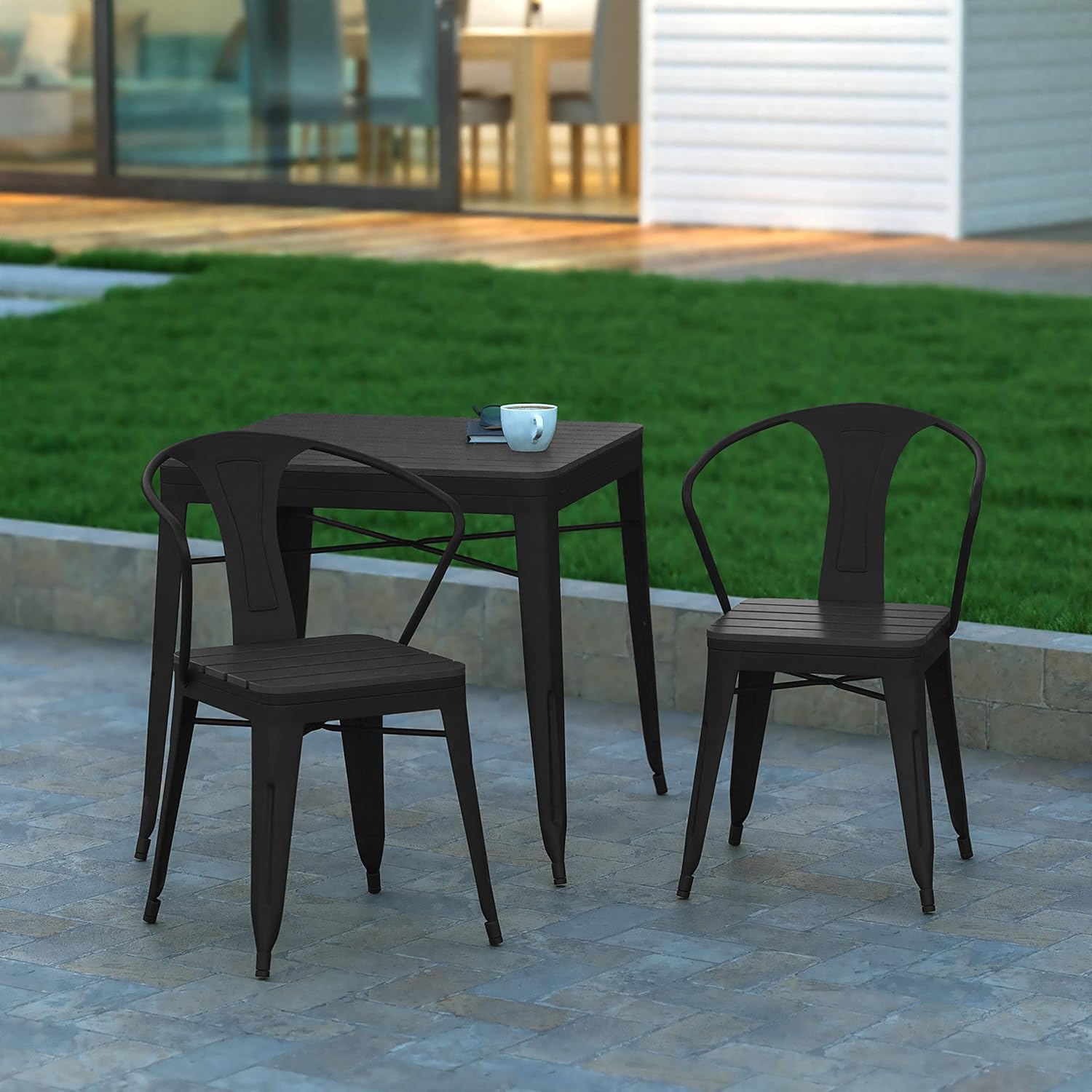 EMMA + OLIVER Hallam Indoor/Outdoor Stacking Chair with Arms - Black Steel Frame - Polyresin Seat and Back - Weather & Rust Resistant - Set of 2