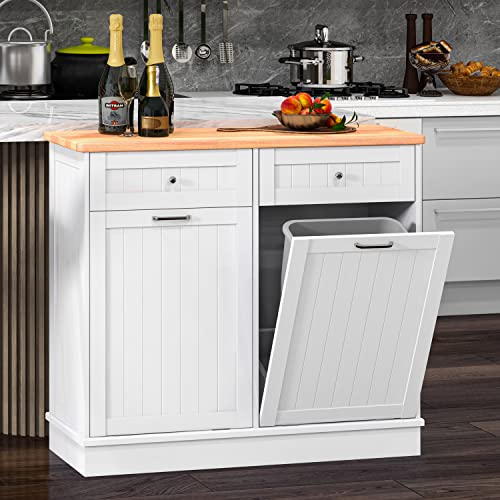 Tilt Out Trash Cabinet Free Standing 10 Gallon Recycling Trash Can Cabinet for Farmhouse Kitchen,Living Room, Dining Room, White