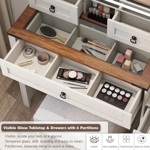 Farmhouse Vanity Desk with Mirror and Lights, Makeup Vanity with Charging Station & Jewelry Cabinet, 42” Glass Tabletop, 4 Drawers, Adjustable Shelves, White Vanity