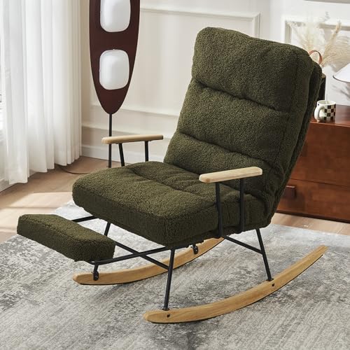 Modern Glider Rocking Chair, Accent Teddy Upholstered Rocking Chair,Adjustable Backrest Lounge Chair with Retractable Foot Stool for Nursery, Living Room (Beige)