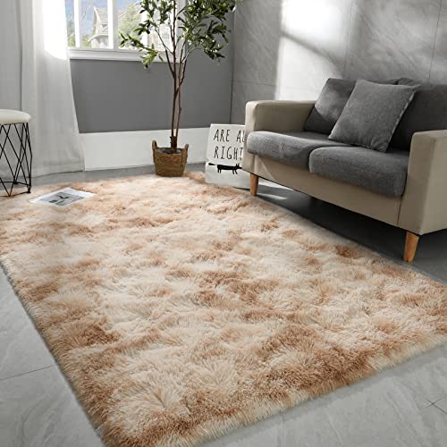8x10 Large Area Rugs for Living Room, Super Soft Fluffy Modern Bedroom Rug, Tie-Dyed Brown Indoor Shag Fuzzy Carpets for Girls Kids Nursery Room Home Decor