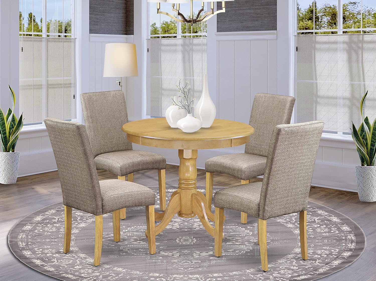 East West Furniture Antique 5 Piece Dining Set Includes a Round Kitchen Table with Pedestal and 4 Dark Khaki Linen Fabric Upholstered Parson Chairs, 36x36 Inch, Oak