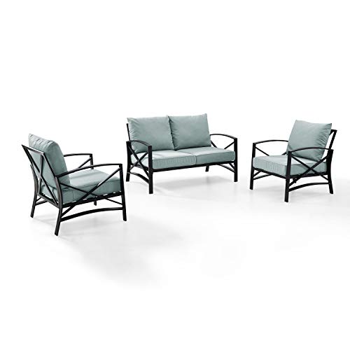 Crosley Furniture KO60011WH-MI Kaplan Outdoor Metal 3-Piece Seating Set (Loveseat, 2 Arm Chairs), White with Mist Cushions