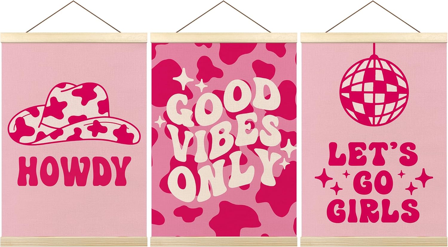 TLESKE Hot Pink Preppy Western Poster Hanger Frame Set of 3, Trendy Howdy Lets Go Girls Hanging Wall Art Decor for Cowgirl Teen Girls Room Dorm, Retro Girly Canvas Banner, Gifts for Cowgirl 12x16in