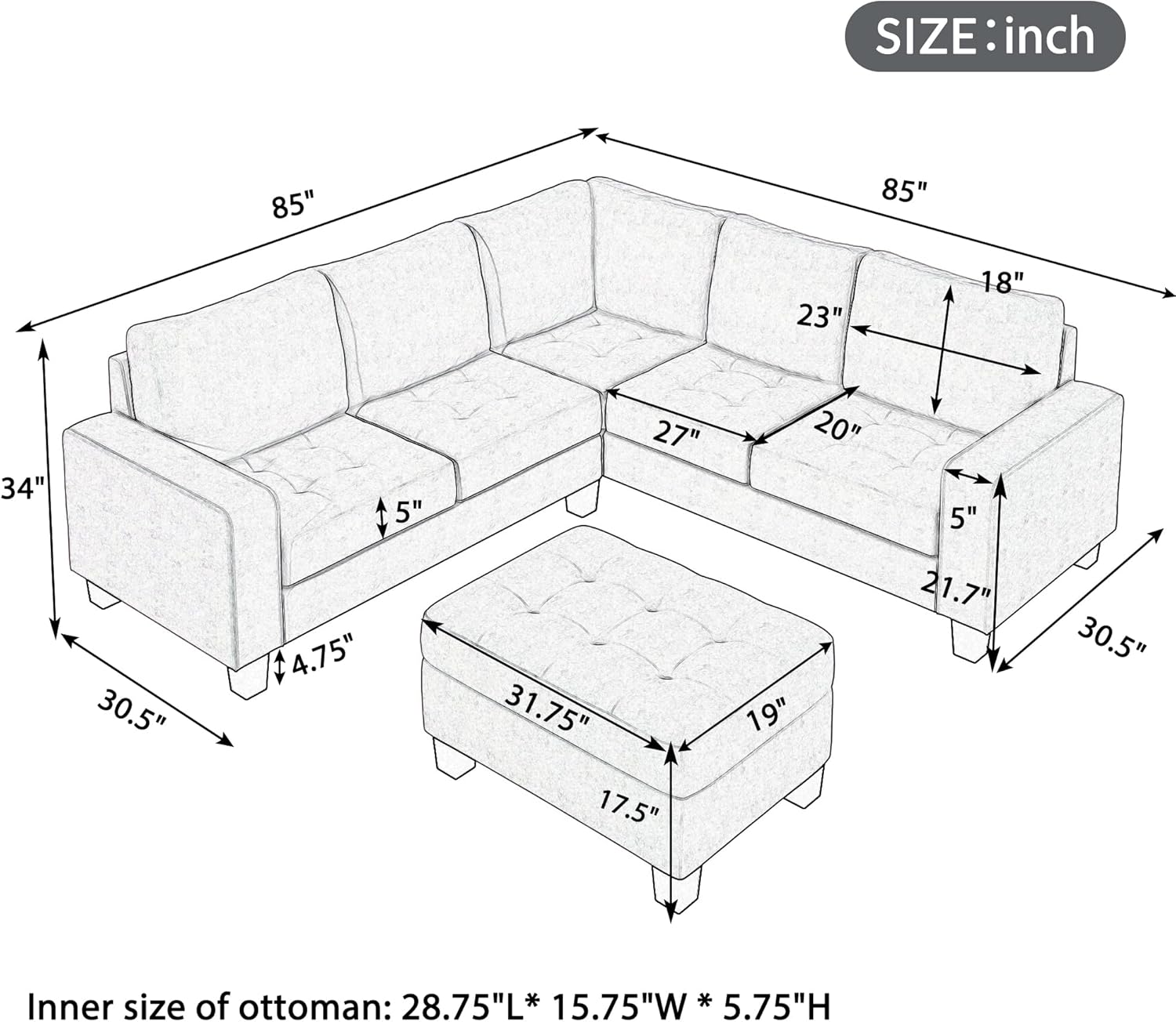 Convertible Sectional Storage Ottoman and Cup Holders,L-shaped Symmetrical Corner, 4 Seater Linen Fabric Reversible Sofa & Couches for Dorm Apartment, Brown 85