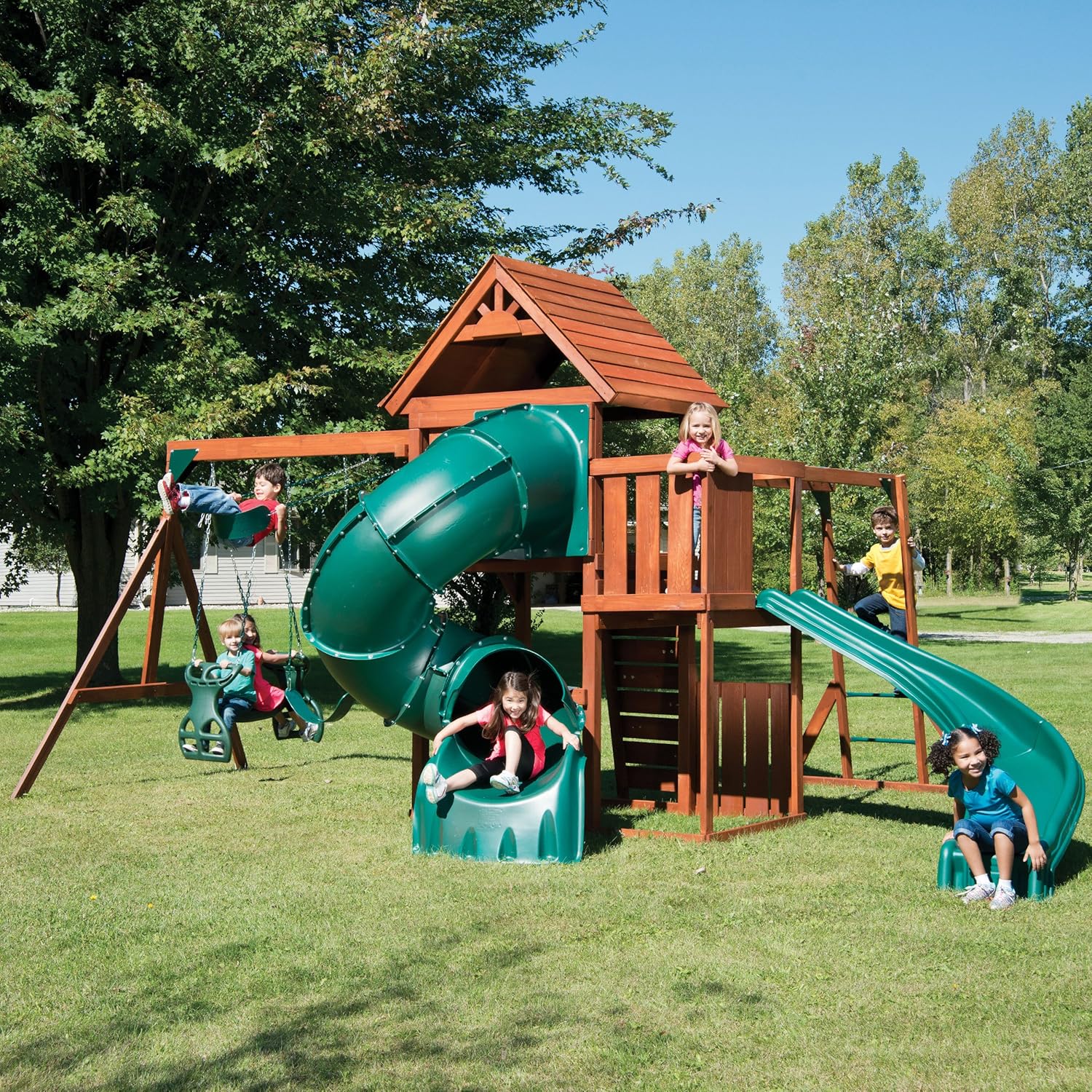 Swing-N-Slide Grandview Twist Play Set with Two Slides, Two Swings, Monkey Bars, Glider and Climbing Wall