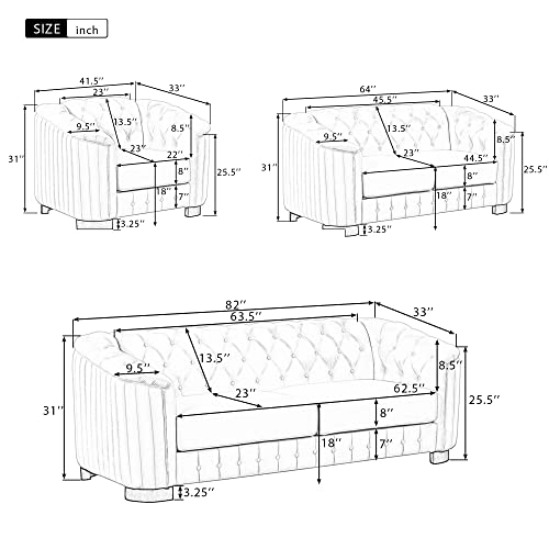 3 Piece Living Room Set, Velvet Chesterfield Sofa Loveseat Couch Chair Set 3-Seat Sofa Couches Set of 3 with Button and Nailhead Grey