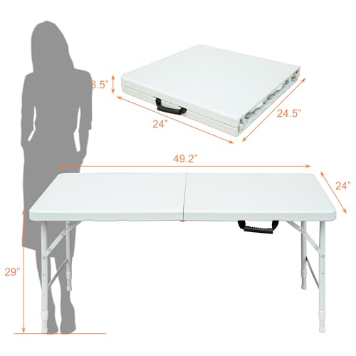 4 Foot Portable Plastic Folding Table, 4ft White Rectangle Foldable Utility Table with Carry Handle, Adjustable Height, Easy to Fold up for Indoor Outdoor Dining Camping