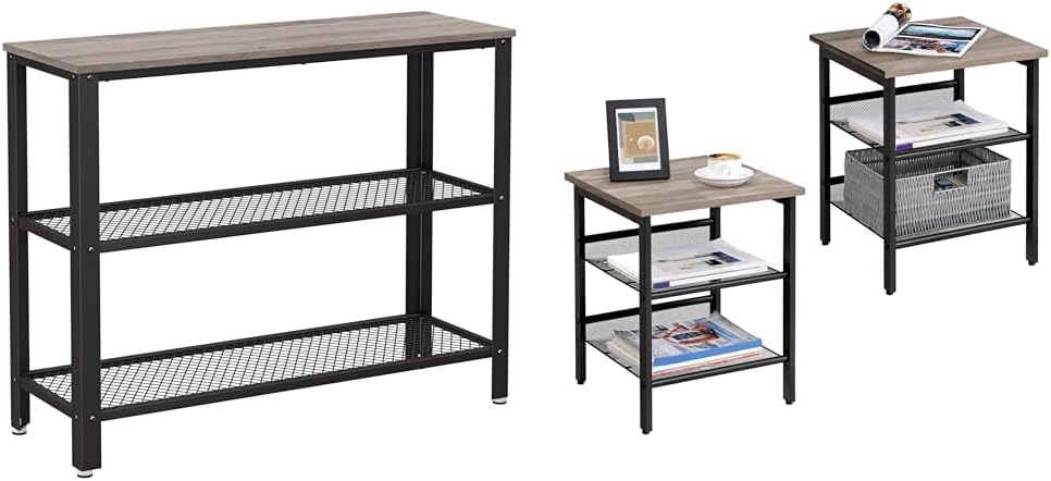 VASAGLE Industrial Console Table and Nightstand Set, Greige and Black