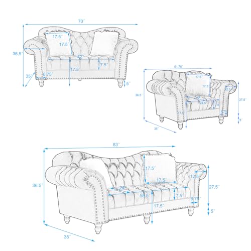 Velvet Chesterfield Sofa Set, 3 Piece Living Room Sofa Set with Pillows, 3-Seat Chesterfield Couch Loveseat Couch Single Sofa Chair Set of 3 with Button and Nailhead Grey