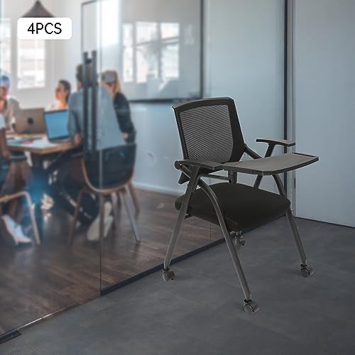 Office Guest Chairs & Reception Chairs with Wheels Conference Room Tablet Arm Chairs Folding Meeting Chair, Black Mesh Back Stackable Chair for Office, Meetings & Reception| US Stock
