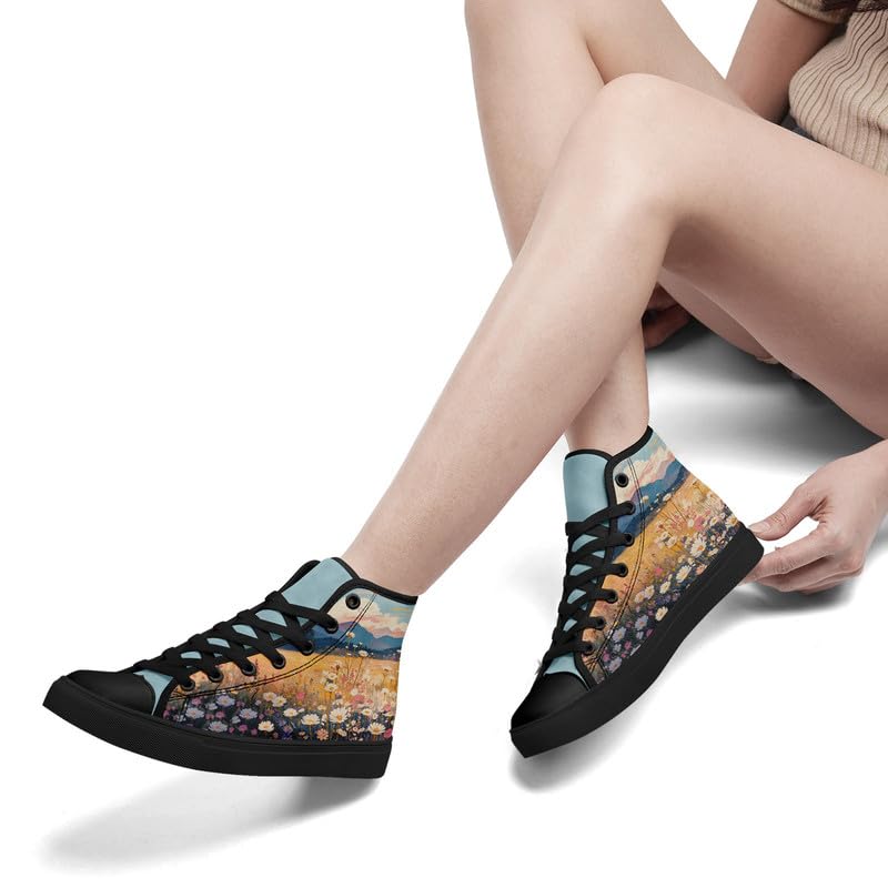 Flower Art High Top Canvas Sneakers Lace Up Classic Casual Walking Shoes Fashion Ladies Girls Flat Running Trainers