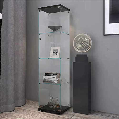 Glass Display 4-Shelf,Curio Cabinets with Door,Floor Standing Bookshelf,Easy Assembly,for Bedroom Living Room Office,Black (17.00
