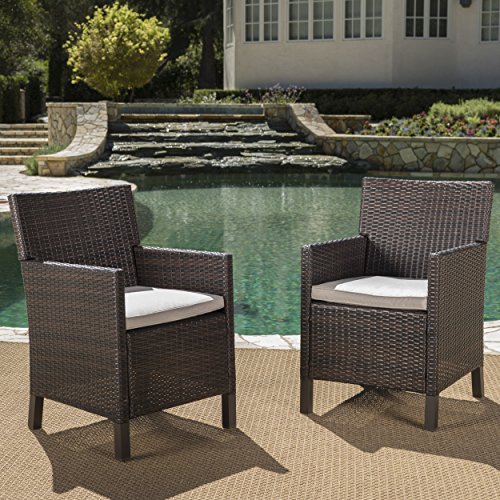 GDFStudio Outdoor Wicker Dining Chairs with Water Resistant Cushions (Set of 2) (Multibrown/Light Brown)