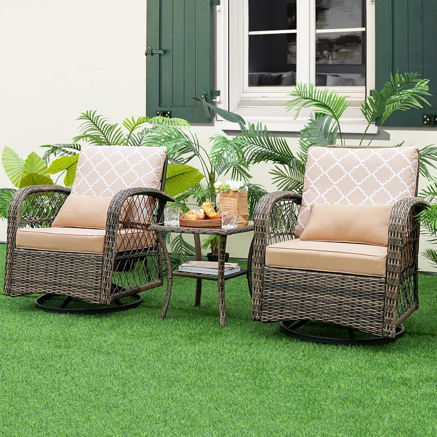 COSTWAY Patio 3PCS Wicker Swivel Rocker Set 2 Rocking Chairs 360 Degrees w/Coffee Table