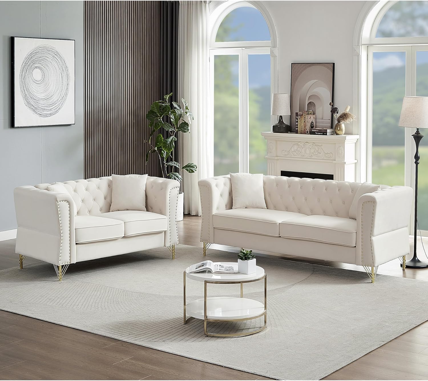 3-seater + 2-seater Combination Sofa Tufted Couch with Rolled Arms and Nailhead for Living Room, Bedroom, Office, Apartment, four pillows (Beige)