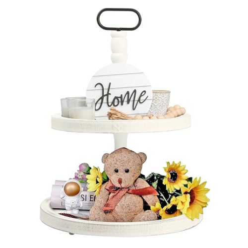 Rustic Tiered Serving Tray, Farmhouse Rustic Decorative Wooden Two Tiered Trays, Wooden 2 Tier Tray Stand for Rustic Table Kitchen Coffee Macaron Plate Cakes Dessert Fruit(Stand+Beeds)