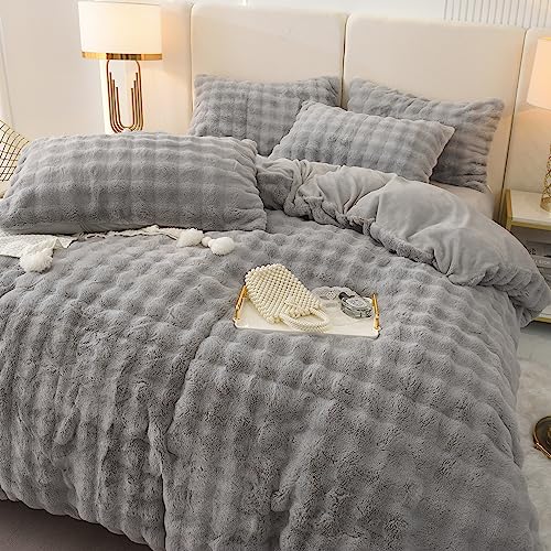 Luxury Faux Fur Duvet Cover Sets,3 Pieces Fluffy Bedding Set Duvet Cover with Pillow Shams,velvet comforter. (Gray, Queen)