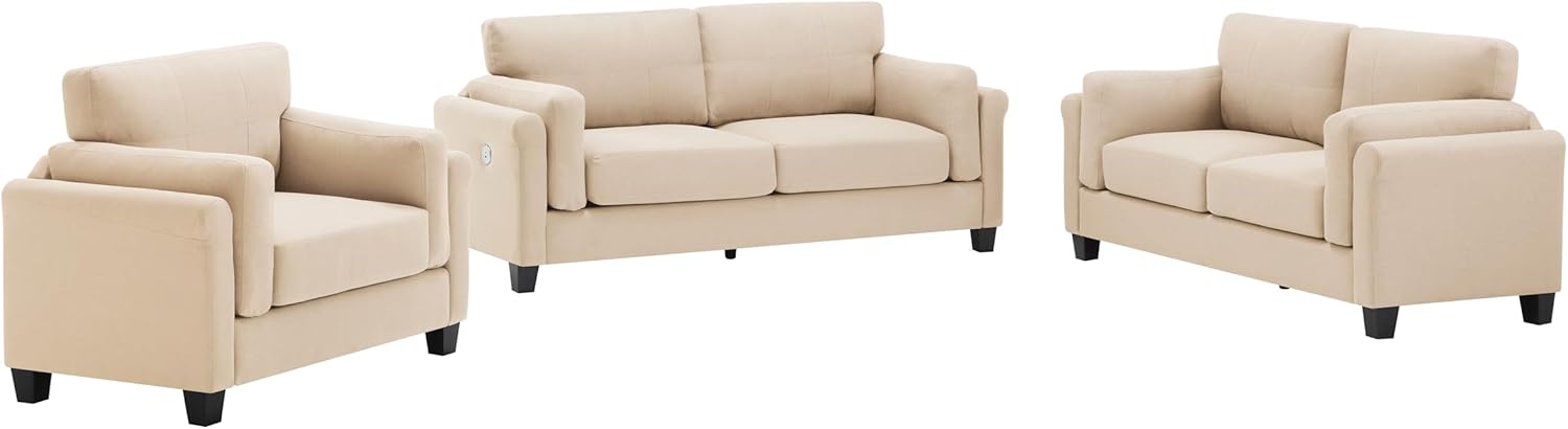 East Fan 3 Pieces Living Room Sectional Sofa Set,Living room Couch Set, Upholstery Armchair Sofa, Loveseat Sofa and 1 USB 3 Seat Couch,Khaki Sofa (1-Seater+2-Seater+3-Seater)