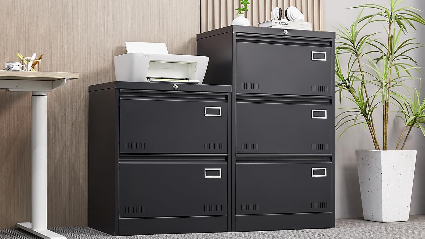 3 Drawer Lateral File Cabinet with Lock for Home Office Metal Filing Cabinet with Adjustable Hanging Rod Horizontal Filing Organization Storage Cabinet for Letter/Legal/A4/F4 Size Black