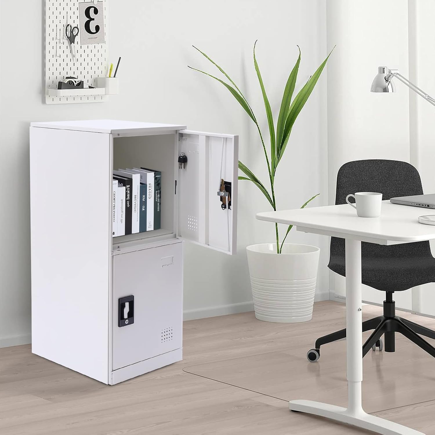 2 Layer Locker Storage Cabinet, Metal Lockers for Employees Lockable Office School Gym Locker Nightstand Lockers for Home w/Padlock Latch Employee Lockers for Homes, Offices, Schools