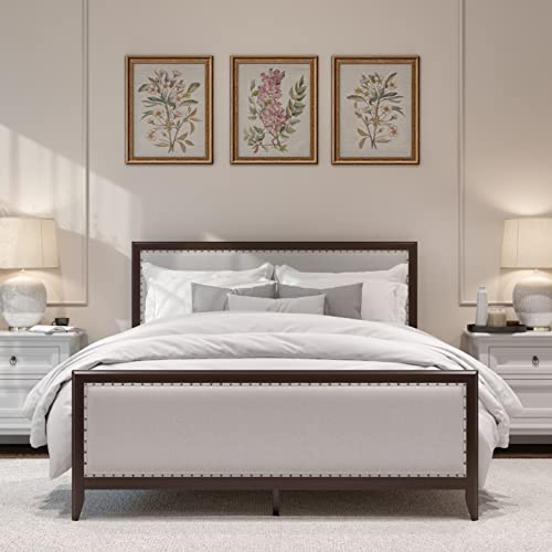 DG Casa Salerno Solid Wood Platform Queen Bed Frame - No Box Spring Needed - Upholstered in Natural Fabric with Nailhead Trim