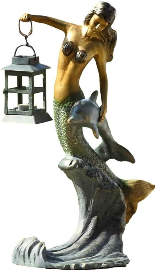 Ebros Gift Outdoor Lawn Garden Patio Poolside Nautical Marine Coral Mermaid with Dolphin Holding Candle Lantern Statue Candleholder Lawn Ornament Fantasy Decor Figurine