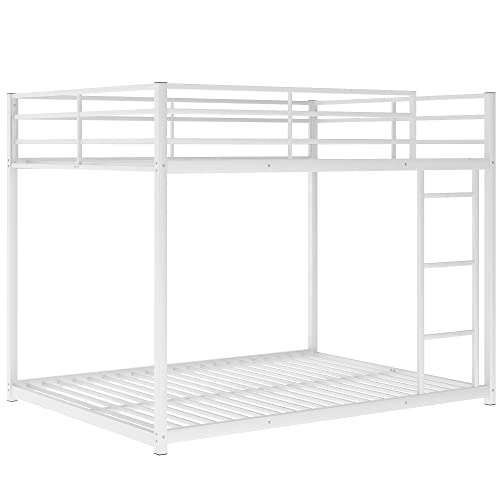 Full Over Full Bunk Bed Metal Bunk Bed Low Bunk Bed with Full-Length Guardrails&Ladder, 2 in 1 Bed Frame, No Box Spring Need (Full,White)